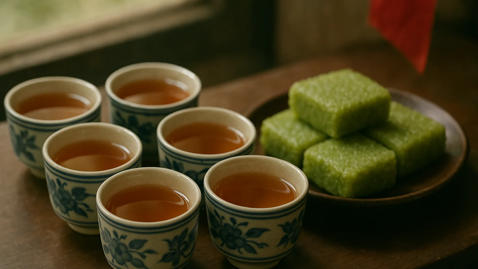 Những chén trà gốm xếp ngay ngắn bên đĩa bánh xanh
