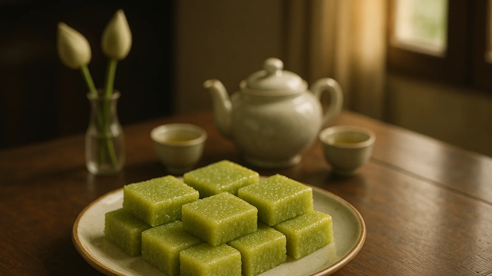 Bánh cốm chia miếng nhỏ trên bàn trà mời khách
