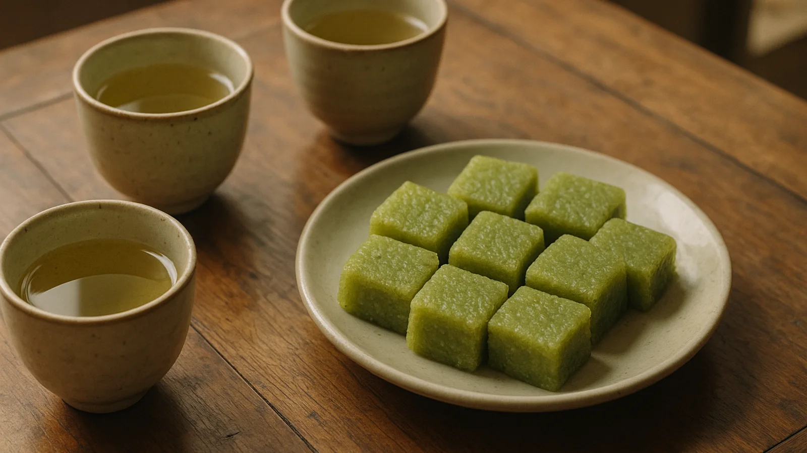 Bàn trà nhỏ với bánh cốm chia miếng cho buổi sum họp