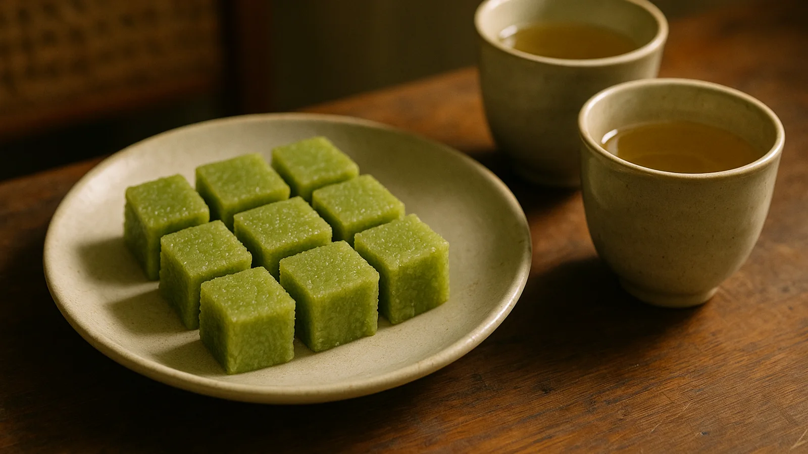 Những miếng bánh cốm nhỏ trên đĩa gốm để mời khách