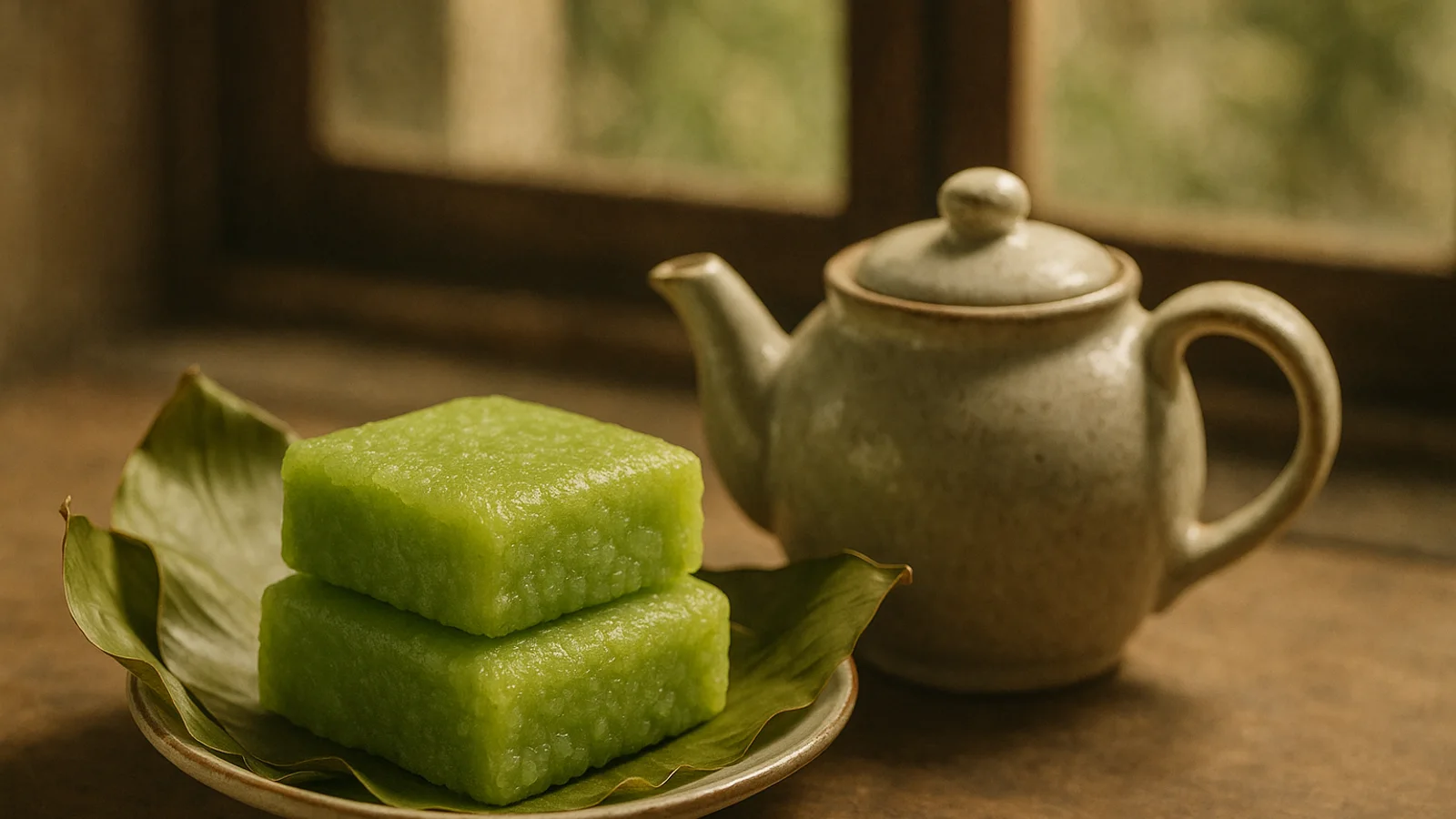 Bánh cốm và ấm trà gốm đặt trên bàn nhỏ