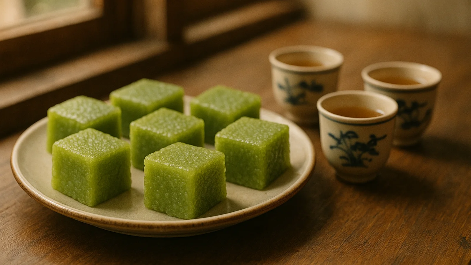 Các phần bánh cốm nhỏ bày trên đĩa dùng chung