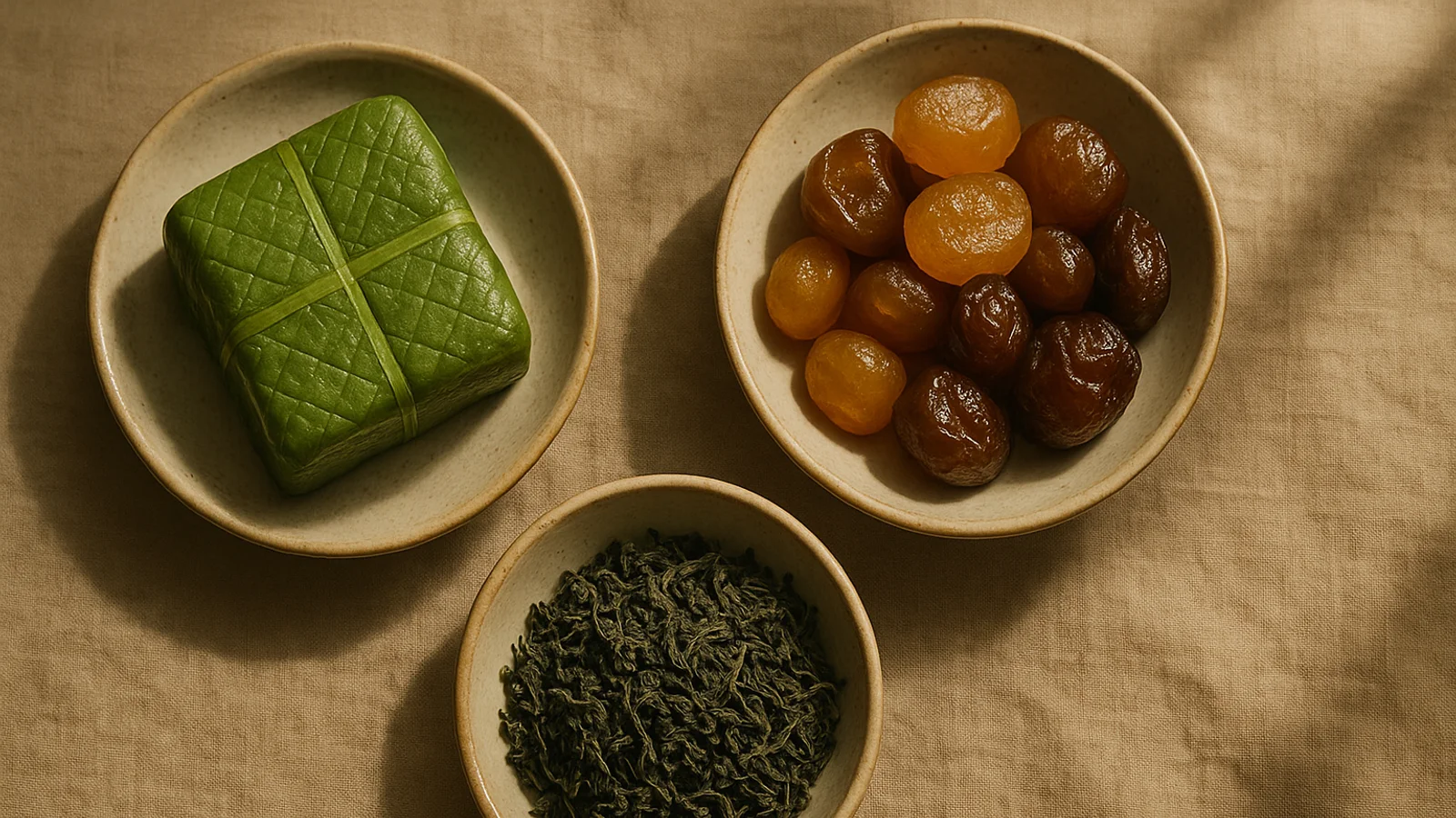 Ba đĩa nhỏ bày bánh cốm, ô mai và trà khô
