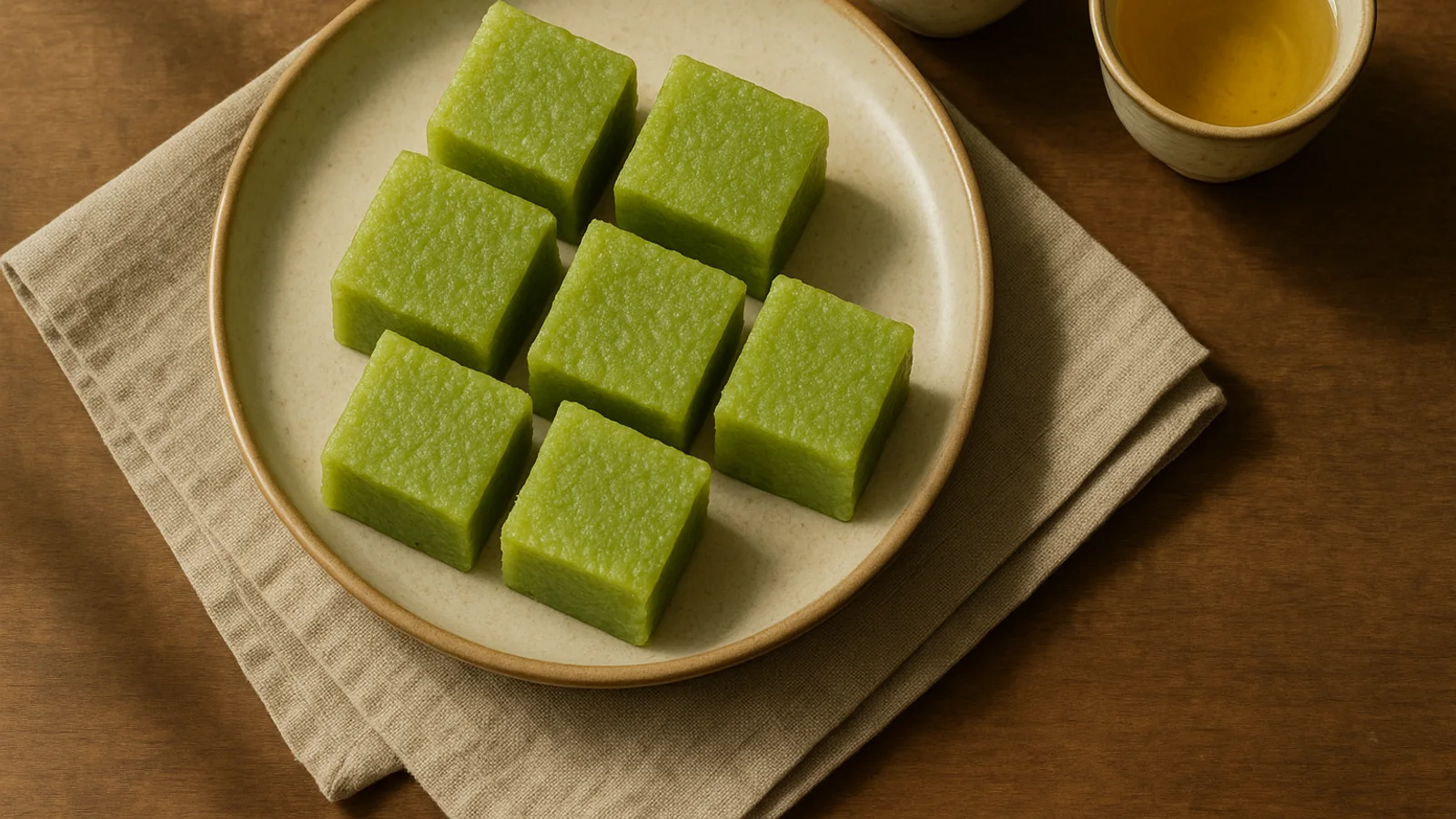 Bánh cốm chia miếng vừa ăn trên đĩa gốm nhỏ