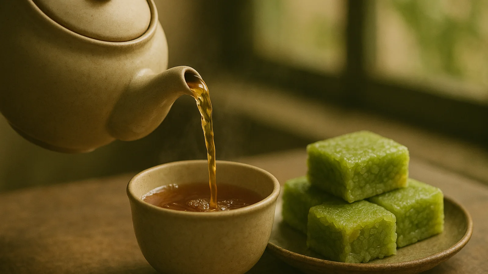 Trà được rót vào chén cạnh đĩa bánh cốm